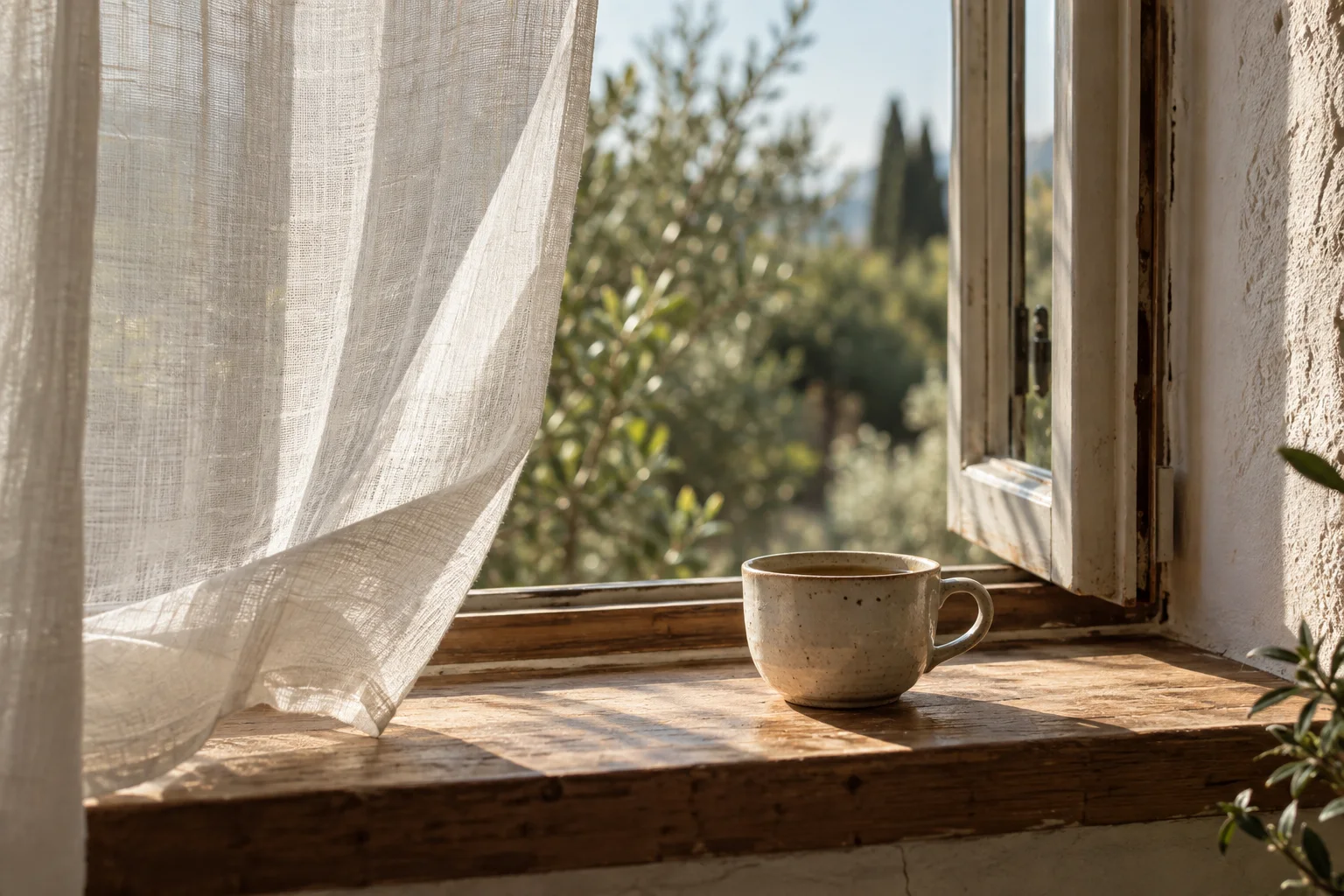 A ceramic cup by an open window in warm morning light