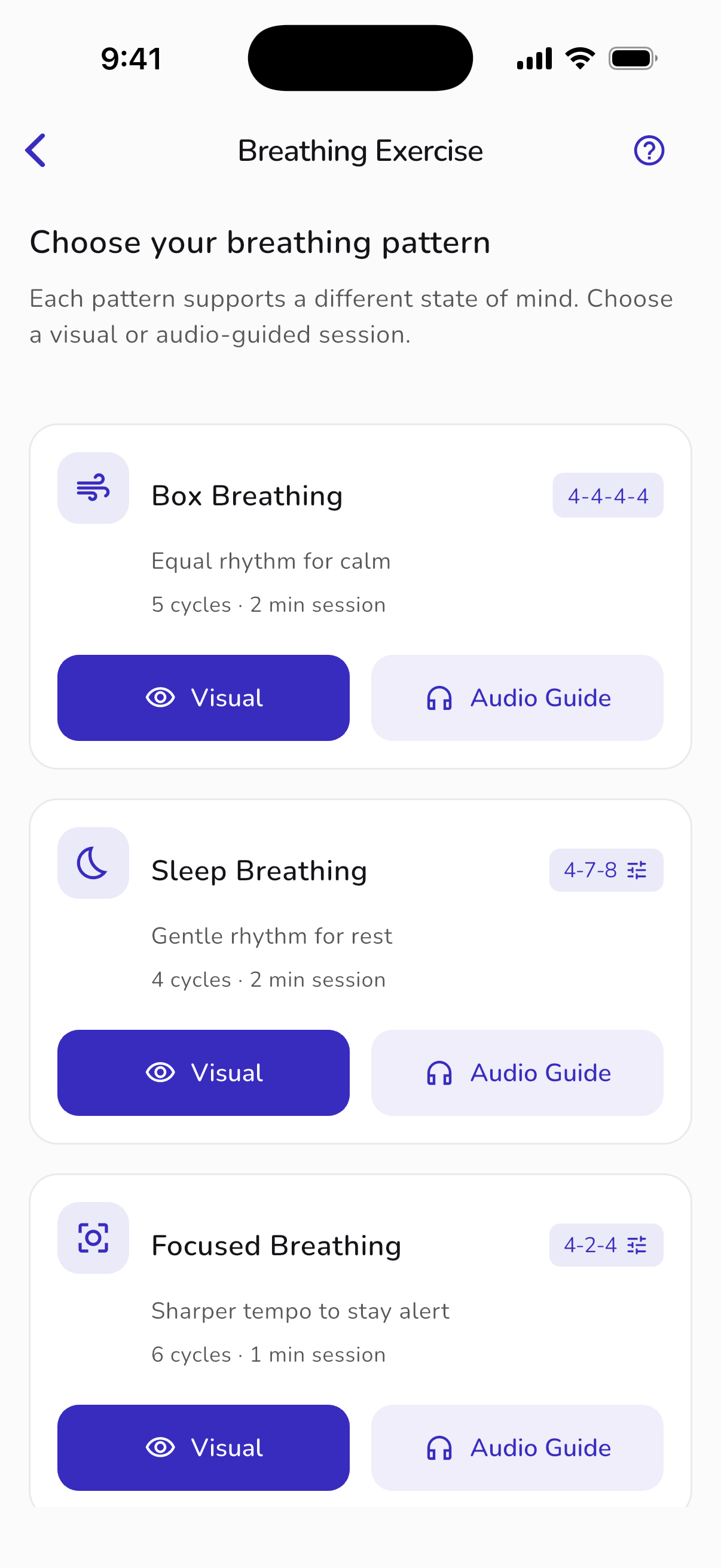 Unfold iPhone breathing patterns with visual and audio guide options. Sample app screen.