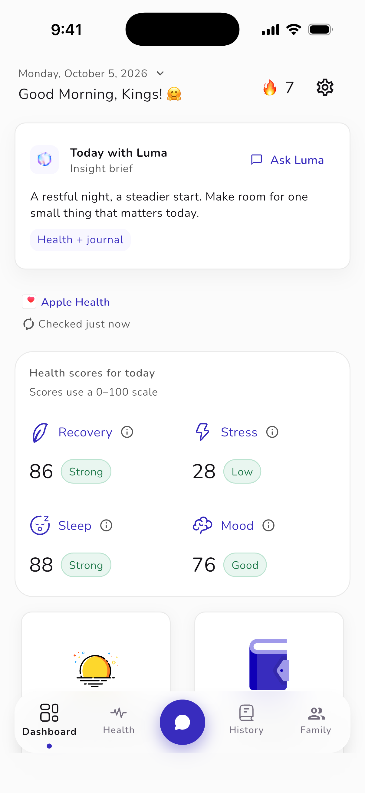 Unfold iPhone dashboard with a Luma insight brief and sample wellness summaries. Sample app screen.