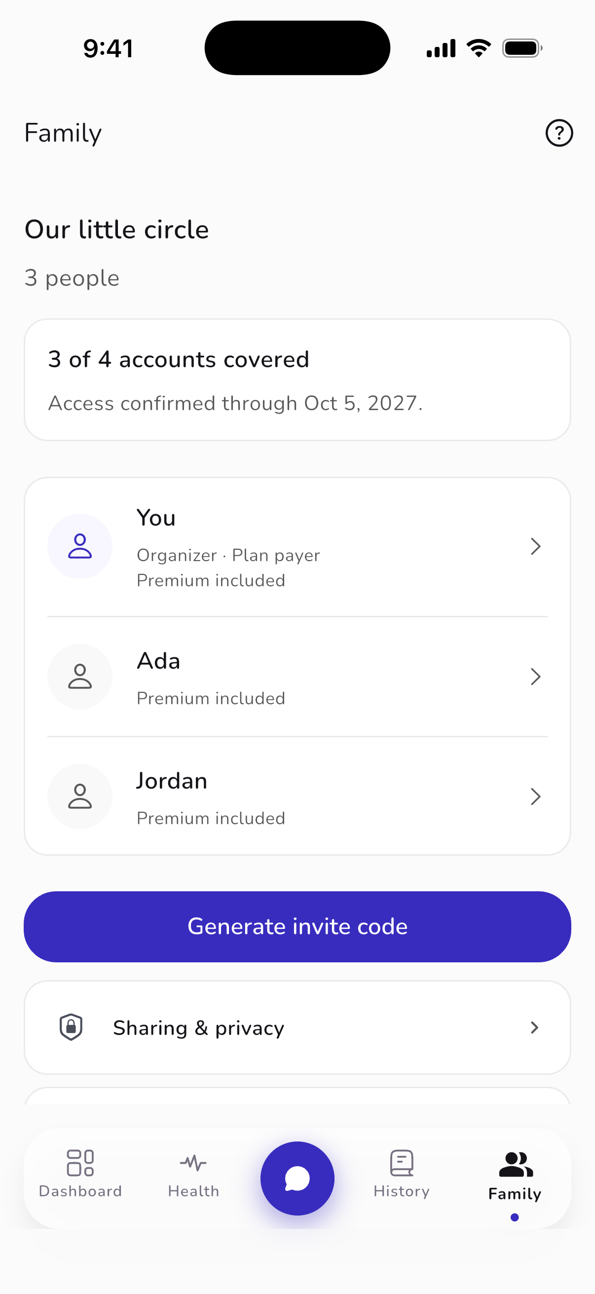 Unfold iPhone Family view with separate accounts, invitations and sharing settings. Sample app screen.