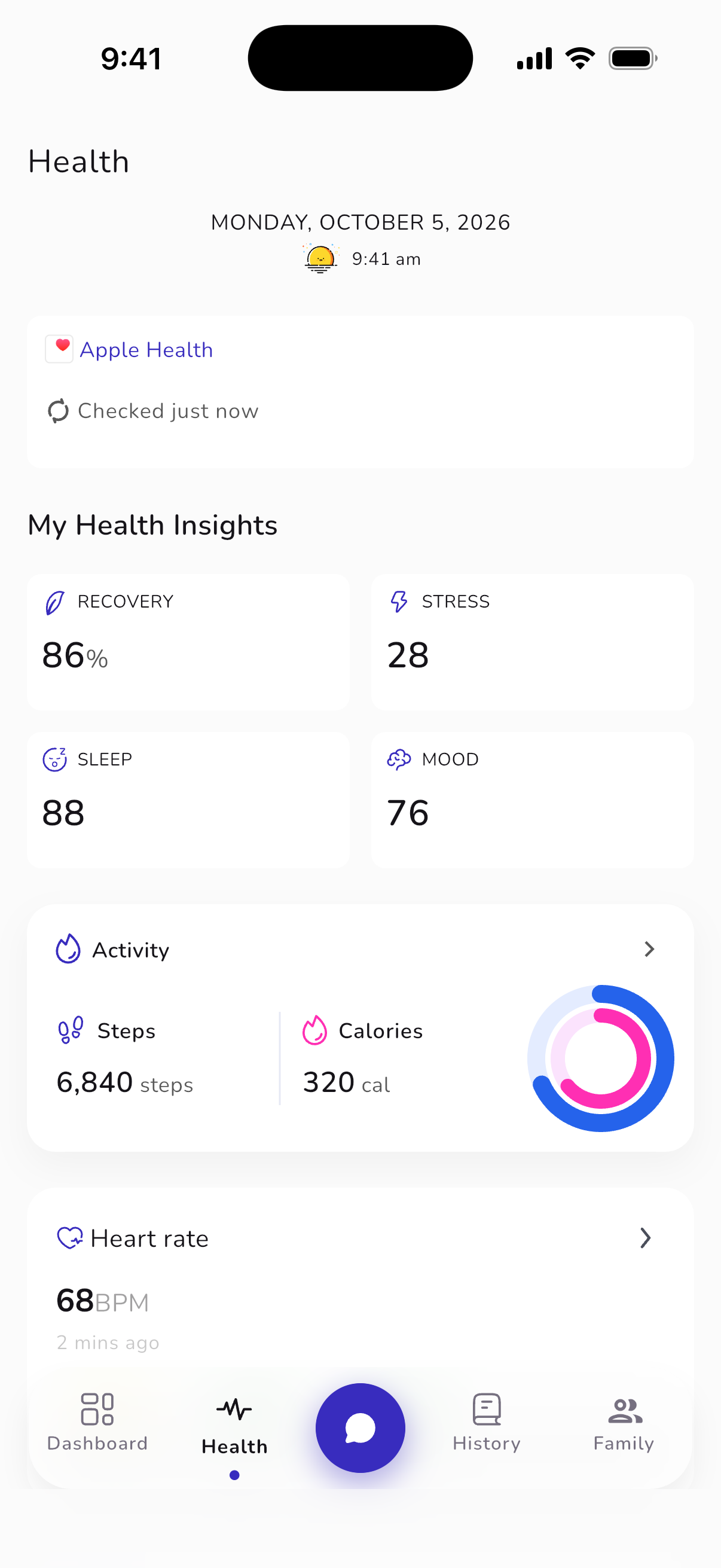 Unfold iPhone health view with optional health connections and wellness estimates. Sample app screen.