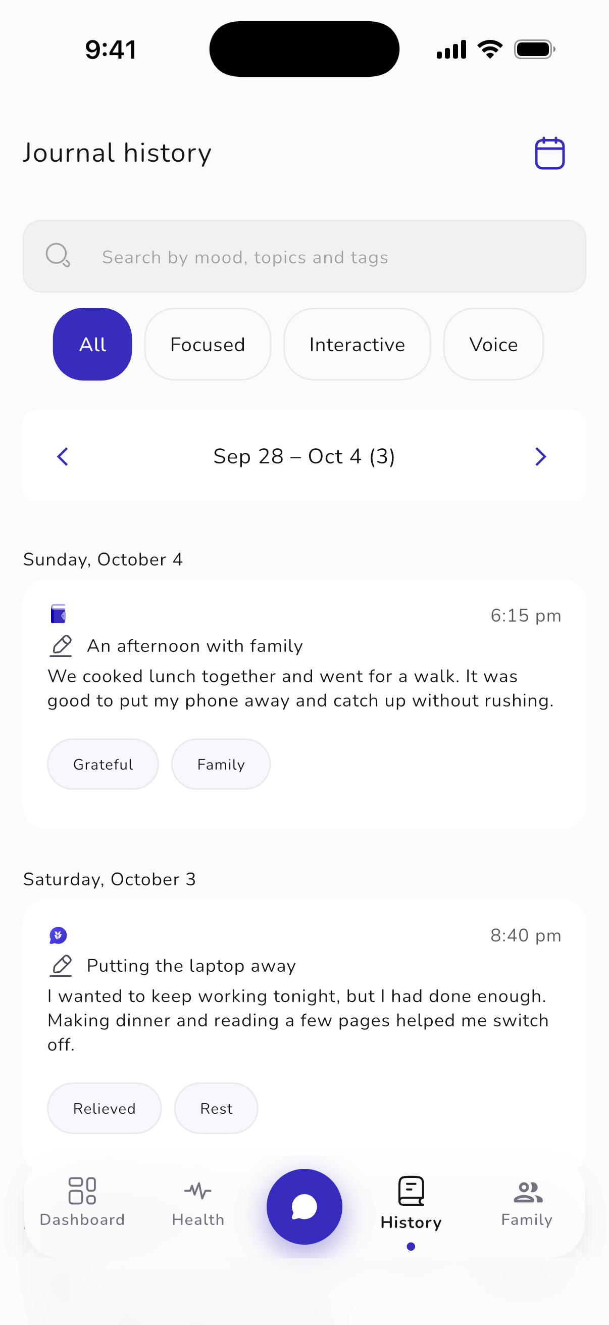 Unfold iPhone journal history with search, mood filters and sample entries. Sample app screen.
