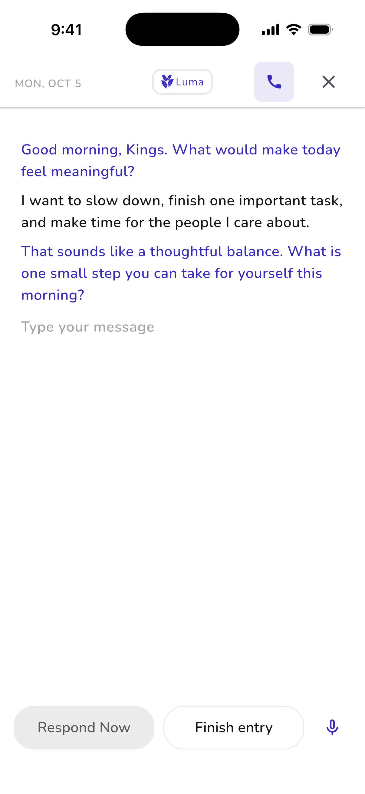 Unfold iPhone guided journal with a question from Luma and a sample response. Sample app screen.