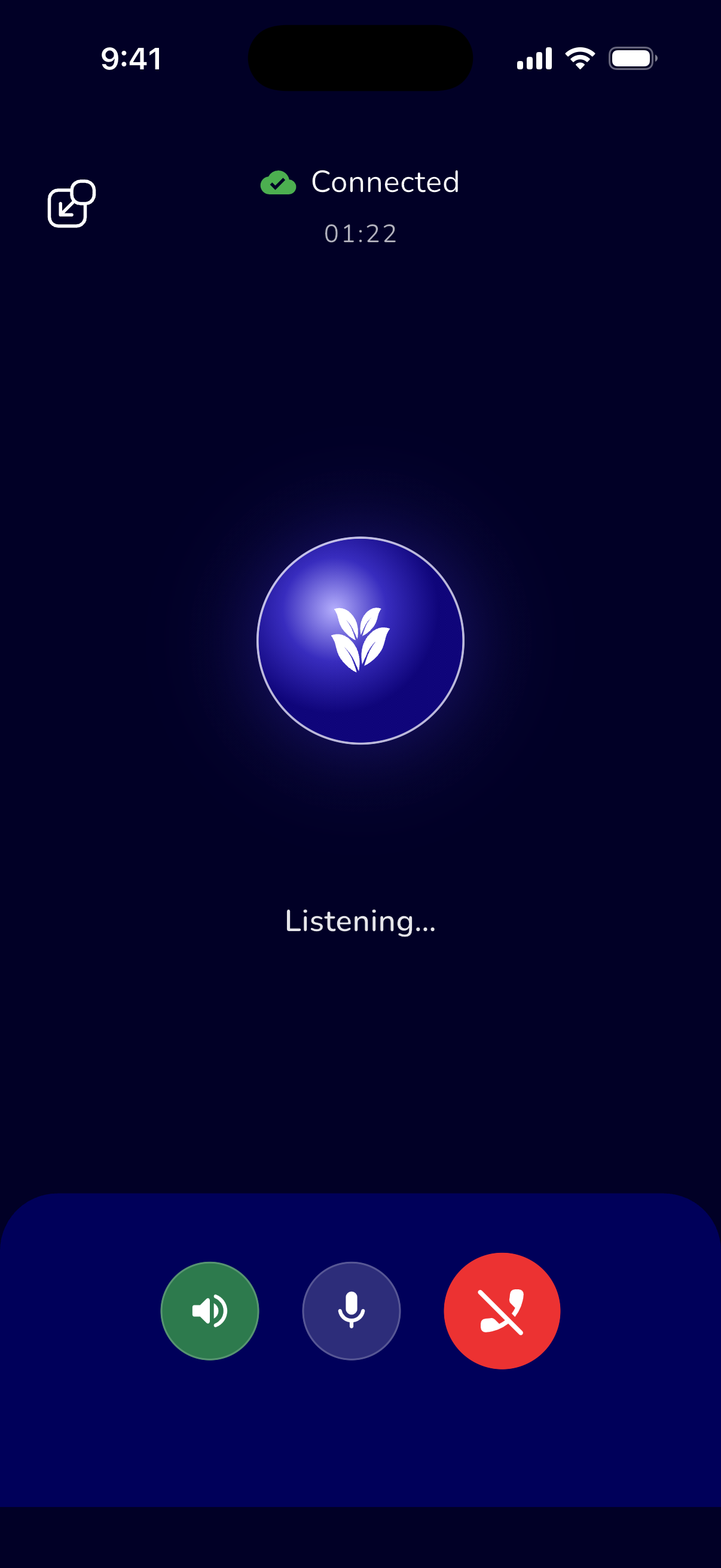 Unfold iPhone voice journal with listening, microphone and session controls. Sample app screen.